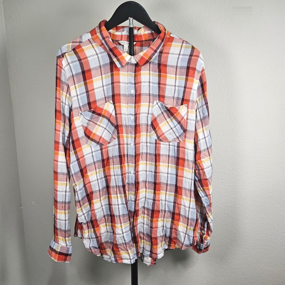 Lucky Brand Plaid Button Down Women XL Orange Blue Cotton Blend Boho Casual